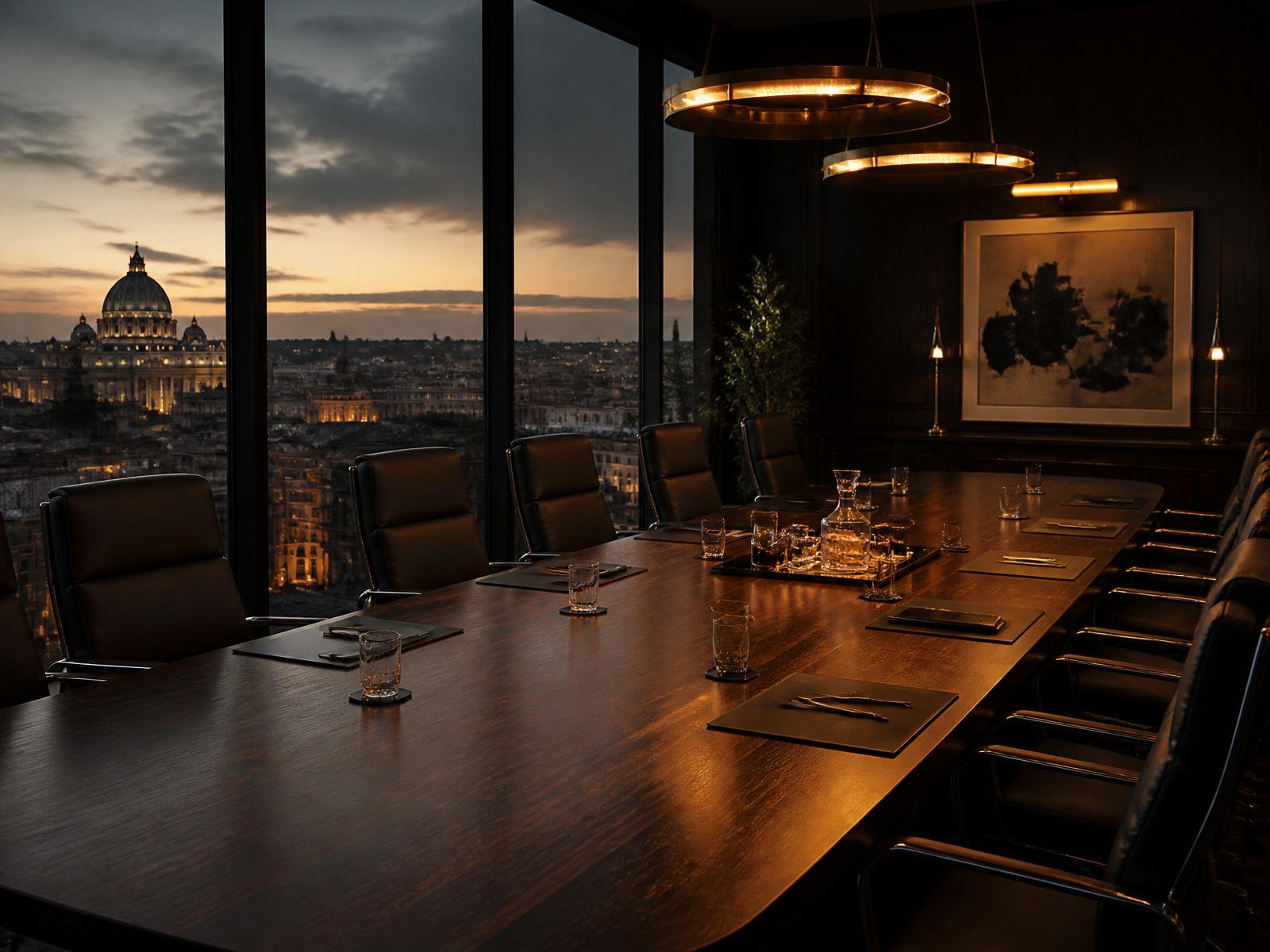 Executive boardroom at dusk with European skyline
