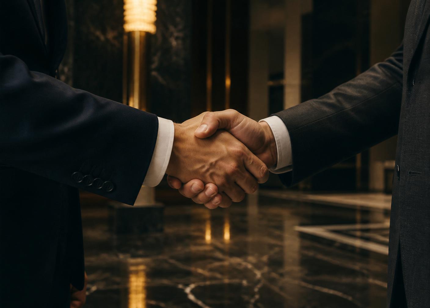 Two principals shaking hands in a marble lobby