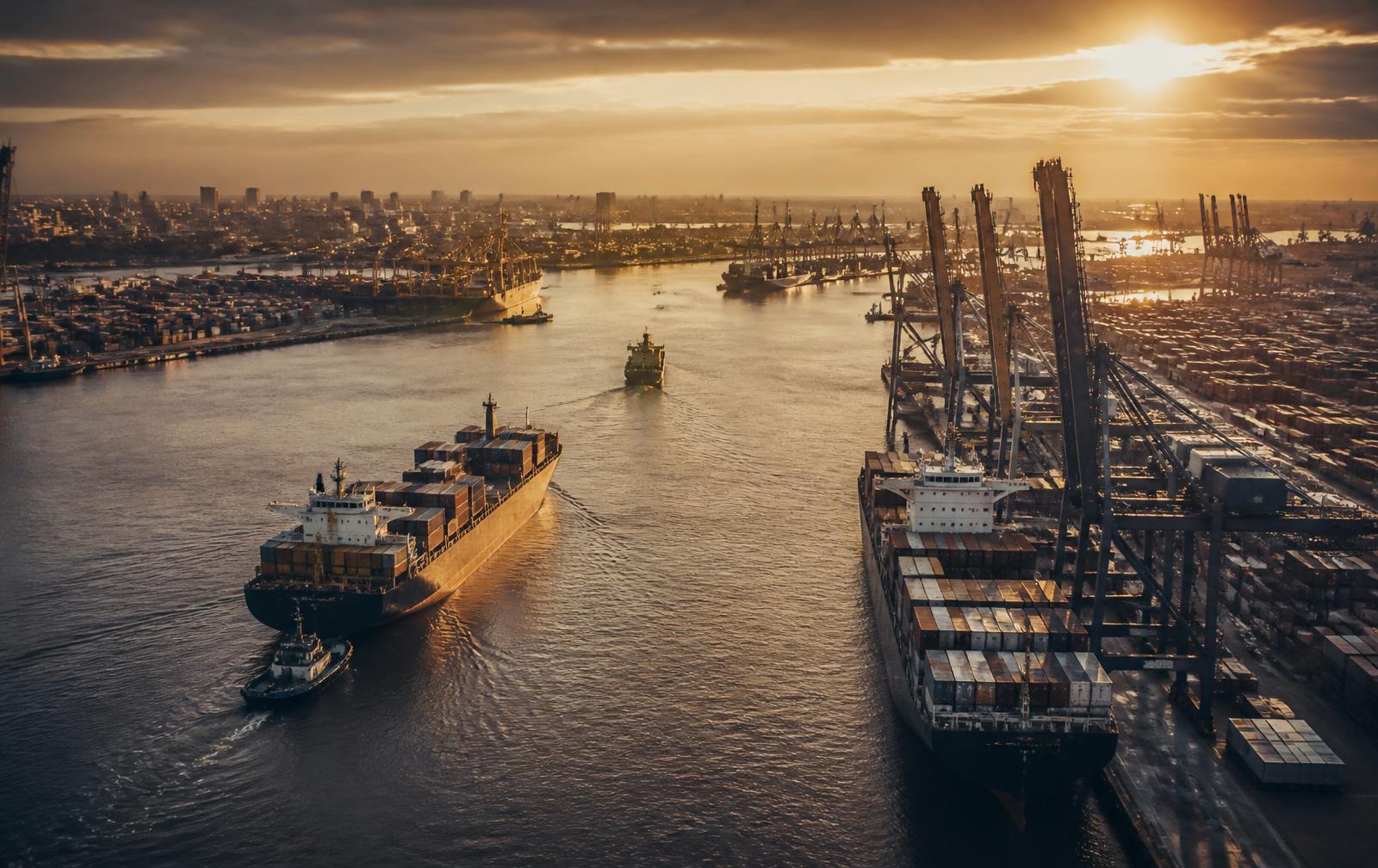 Aerial view of a major international shipping port at golden hour